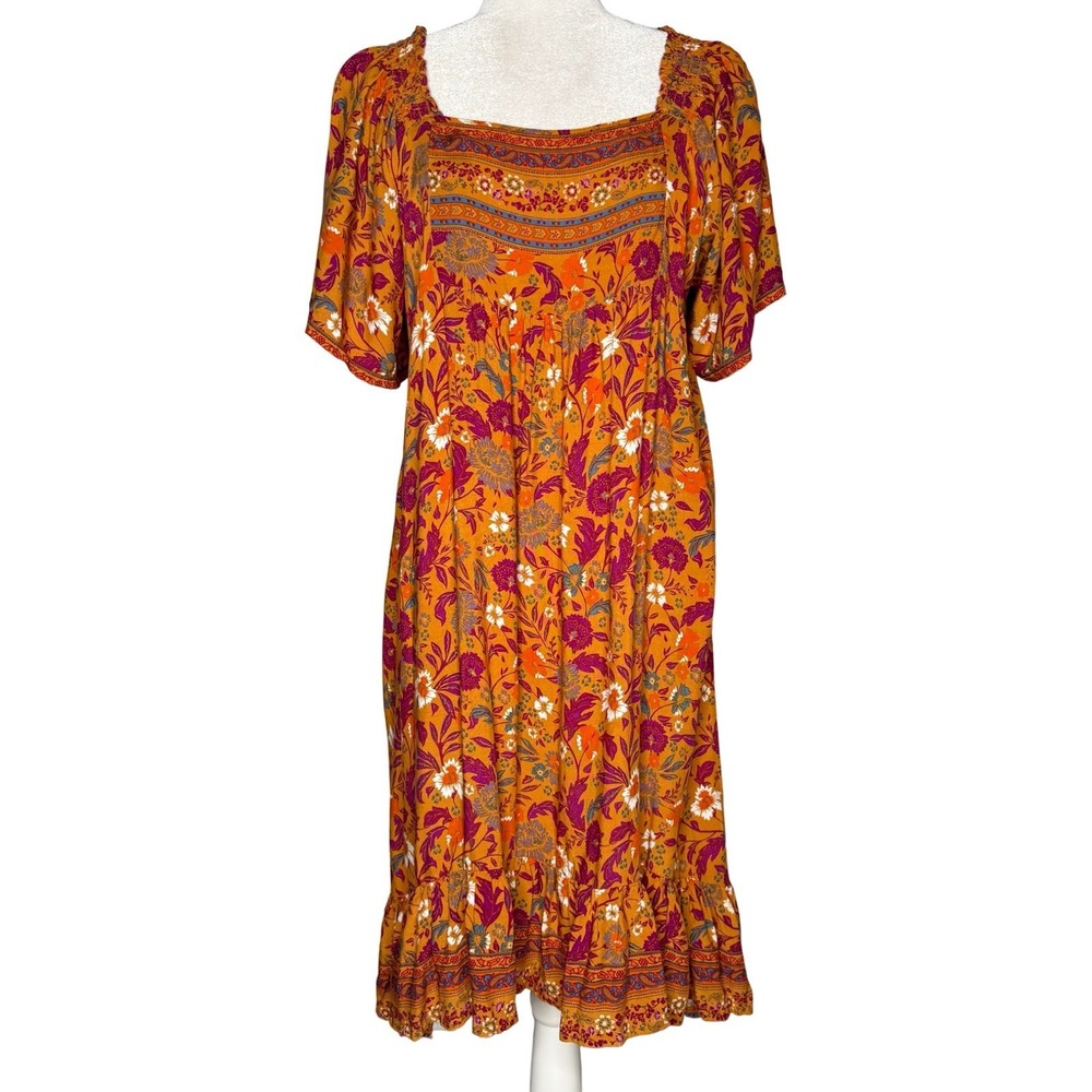 Umgee Harvest Floral Midi Shift Dress Flutter Sleeve M Peasant Boho Sundress